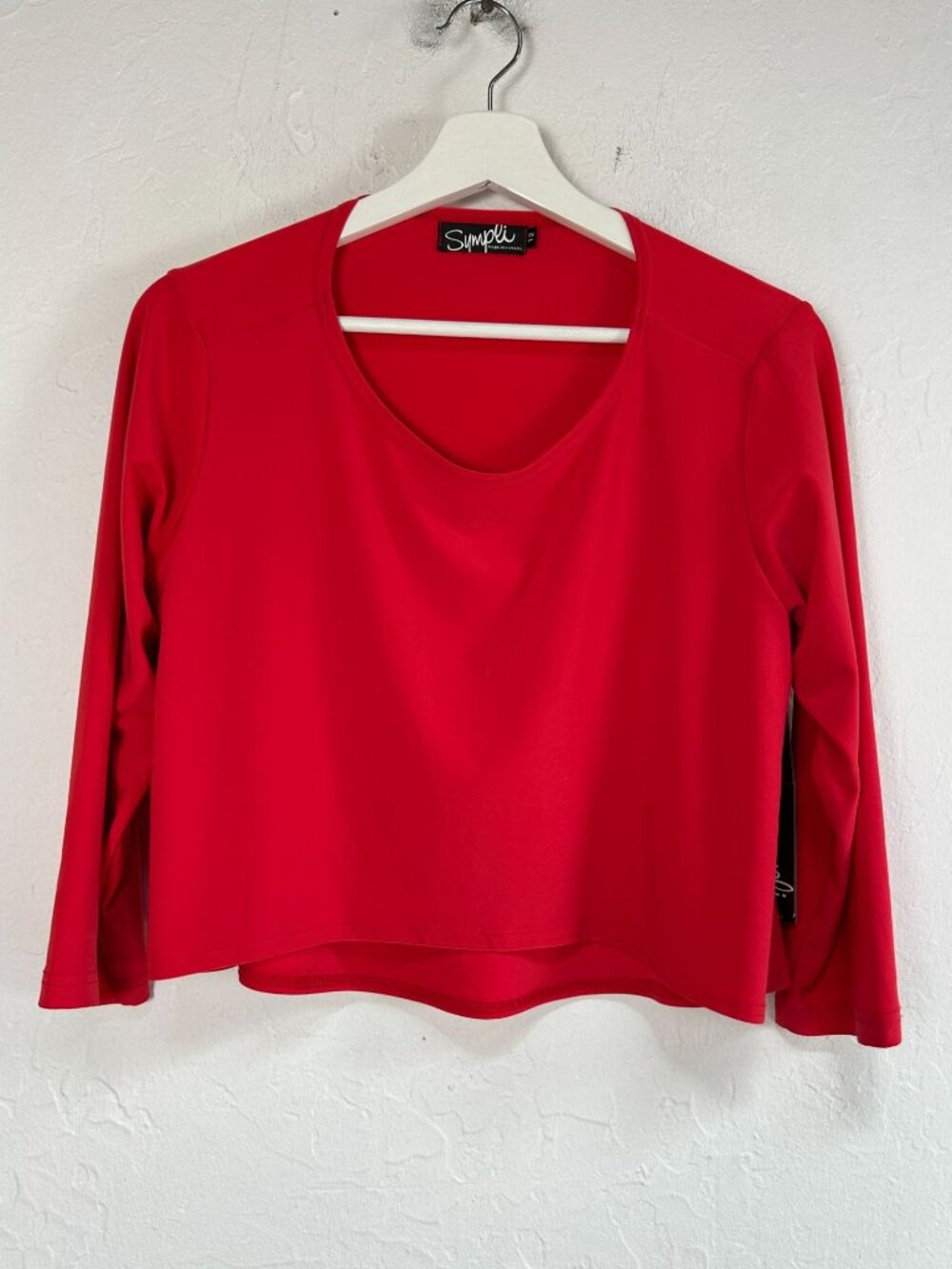 Sympli Womens Bright Red Shorty Crop 3/4 Sleeve Top 12 Stretch Scoop Neck New